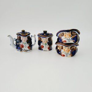 Old Castle Double Sided Toby Miniature Tea Set, Teapot, Sugar Bowl, & 2 Cups, Vi